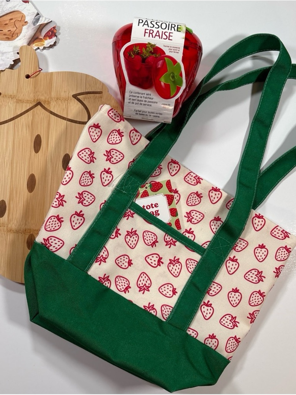 Strawberry-Print Canvas Tote with Green Trim, CWC Bamboo Cutting Board & Pod